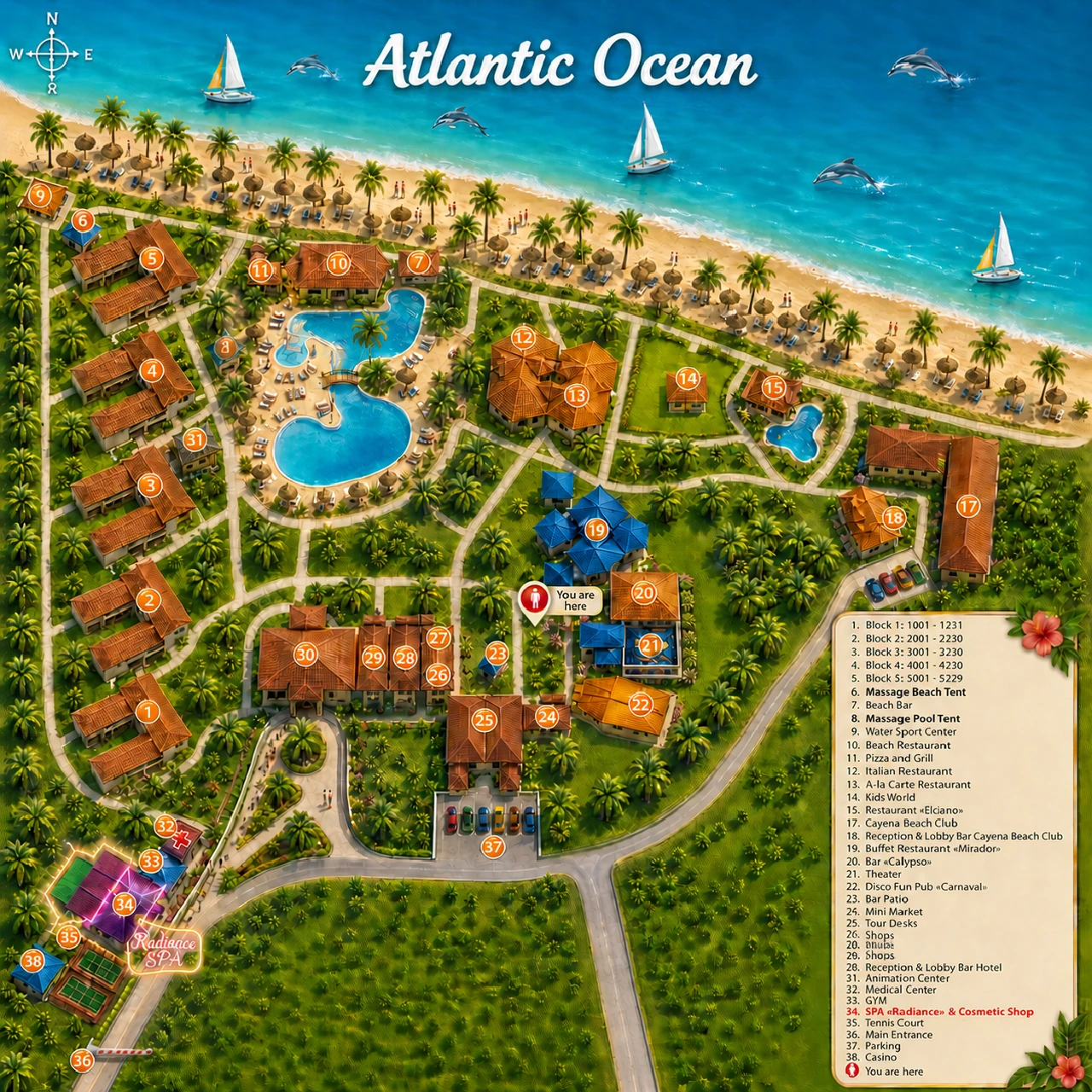 Map of the VIK Hotel Arena Blanca & Cayena Beach resort showing the three RADIANCE SPA locations